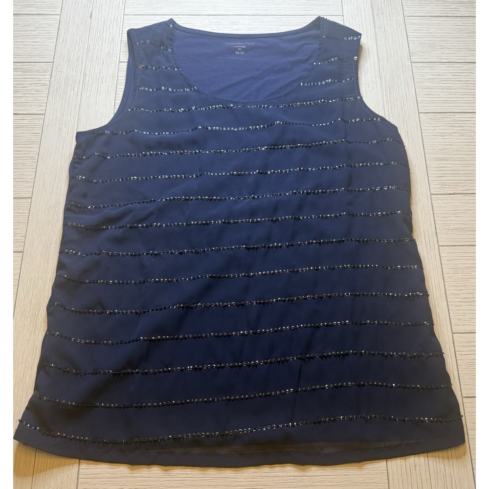 Coldwater Creek Women Size M Navy Blue Sequins Tank‎ Top Sleeveless LinedBlouse.